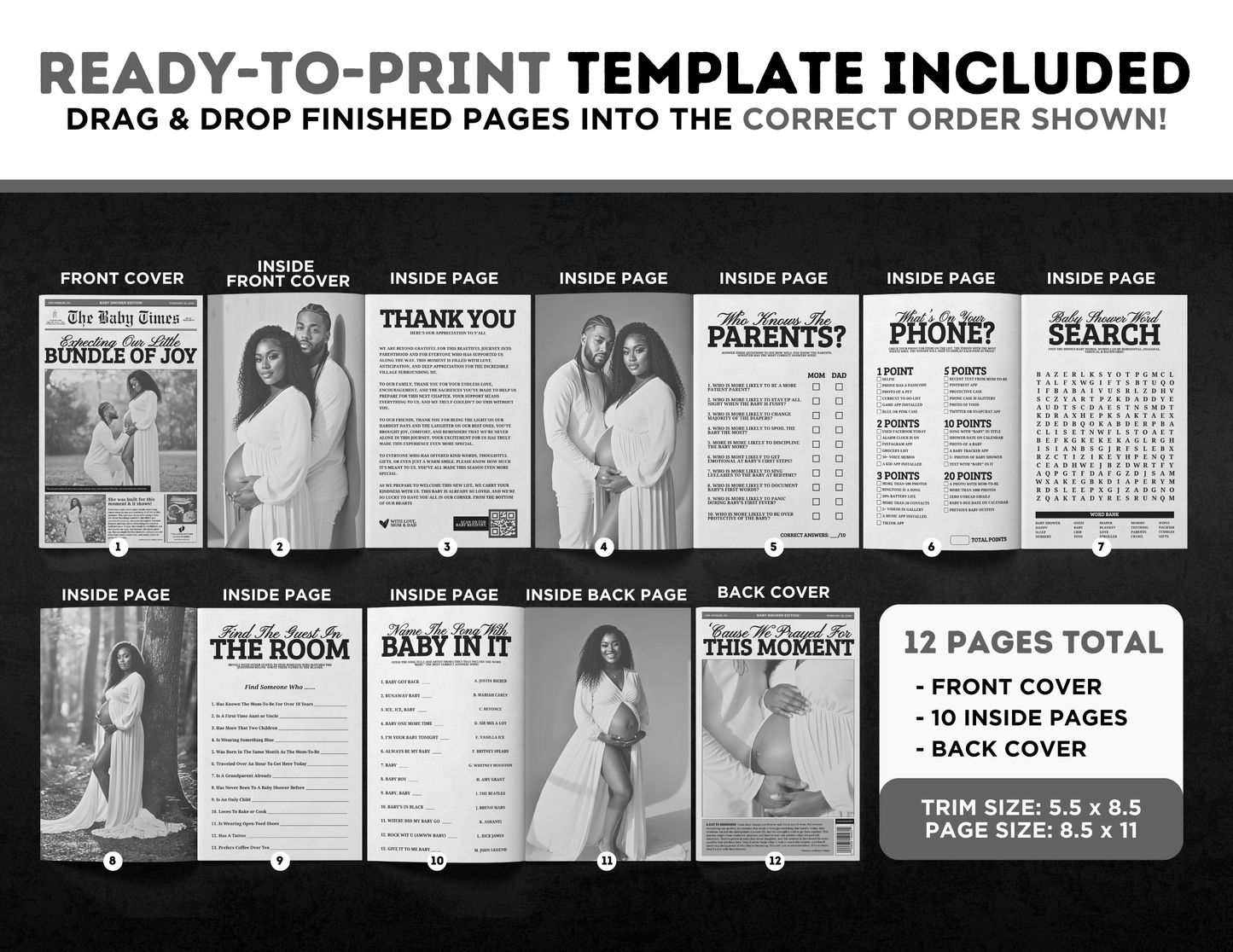 Baby Shower Activity Booklet | Customizable DIY Booklet | Newspaper Inspired