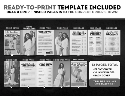 Baby Shower Activity Booklet | Customizable DIY Booklet | Newspaper Inspired