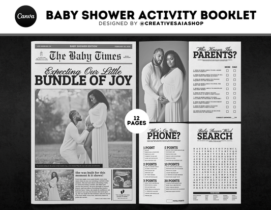 Baby Shower Activity Booklet | Customizable DIY Booklet | Newspaper Inspired
