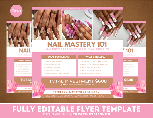 Nail Training Class Flyer | Customizable DIY Class Flyer | Nail Masterclass | Brand Marketing