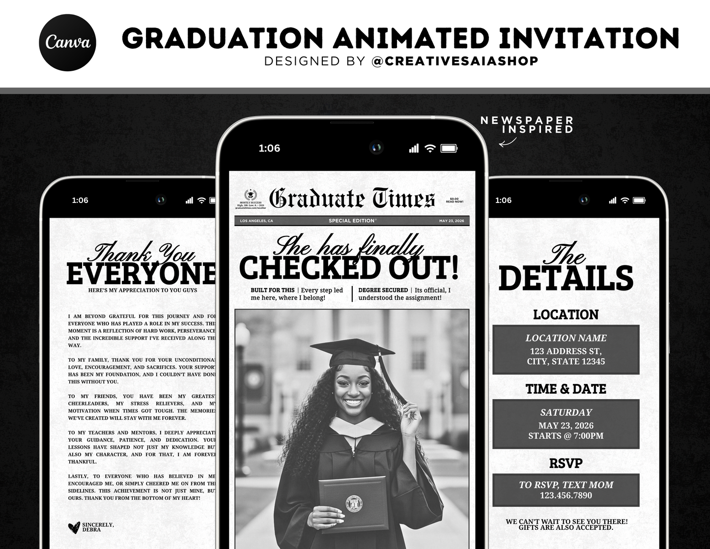 Graduation Animated Invitation | Customizable DIY Invitation | Newspaper Inspired