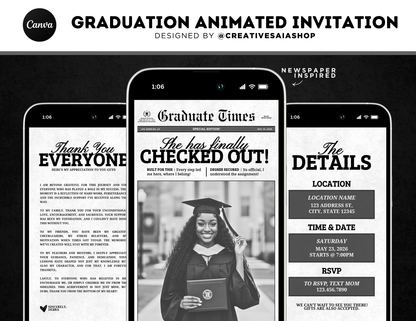 Graduation Animated Invitation | Customizable DIY Invitation | Newspaper Inspired