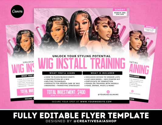 Wig Install Training Flyer | Customizable DIY Class Flyer | Wig Install Training | Brand Marketing
